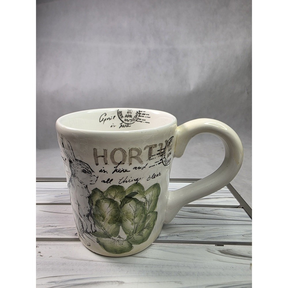 MAXCERA Tea Cup Floral APRIL IS HERE Postal Graphic BOTANICAL BUNNY Coffee Mug